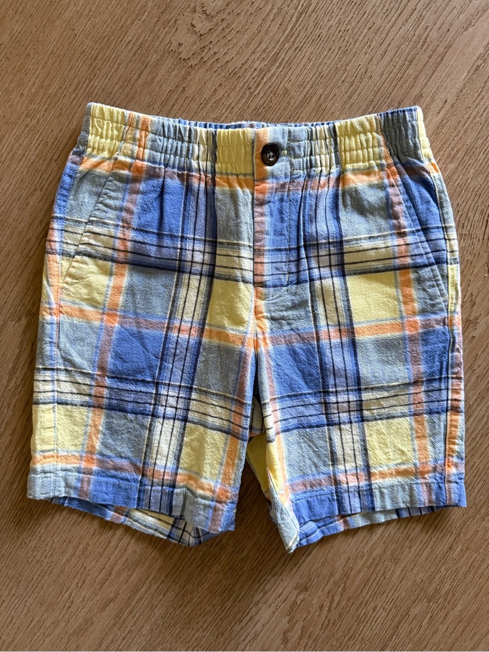 Janie and Jack Boys Sz 5 Blue, Yellow & Orange Plaid Linen Shorts EUC